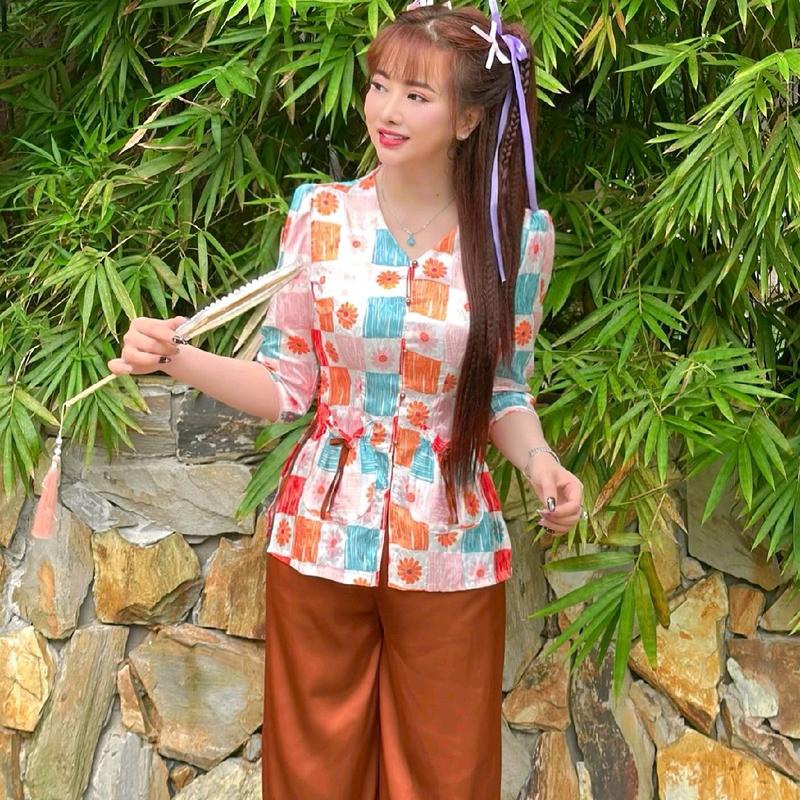 Sét bà ba nữ cách tân túi tiền đính nơ, áo gấm 2da in 4D - Áo nữ - Top, Women-Hoa lá,Chấm bi, Sen 4