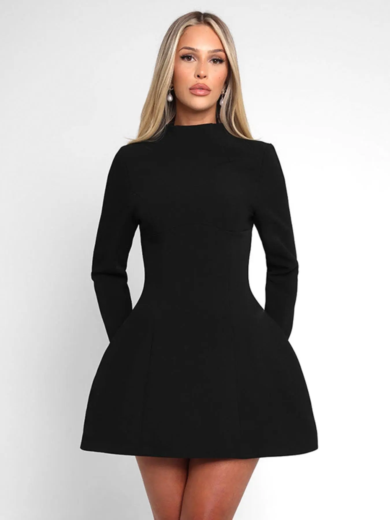 Women's Solid Long Sleeve A Line Dress, Fashion Casual Short Dress for Daily Outdoor Wear, Women Weekday Dress for Spring Fall