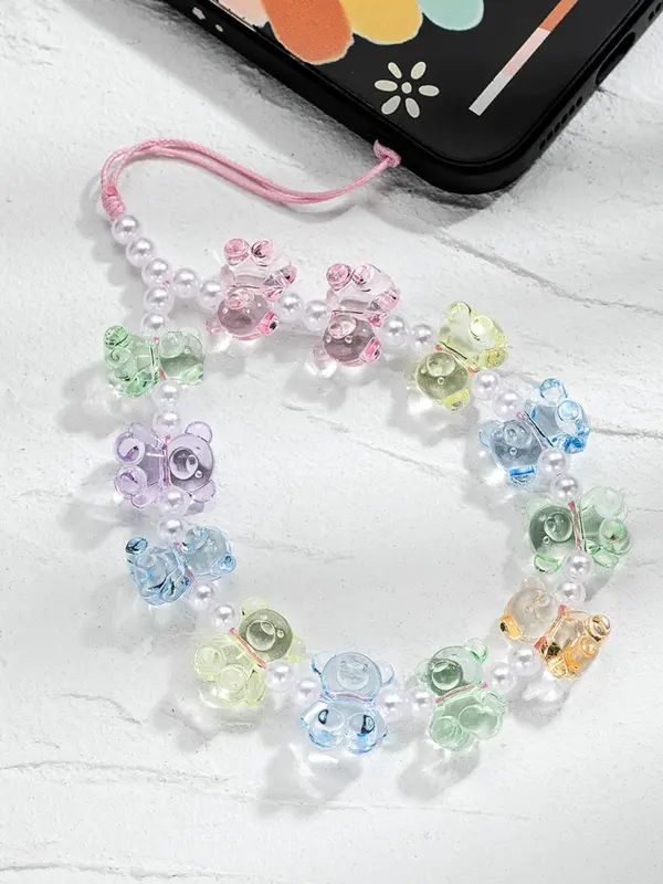 Artificial Crystal Bears & Faux Pearls Keychain, Colorful Beaded Phone Chain, Cute Keychain for Daily Decor, Trendy All-match & Exquisite Keychain for Friend's Gift 0