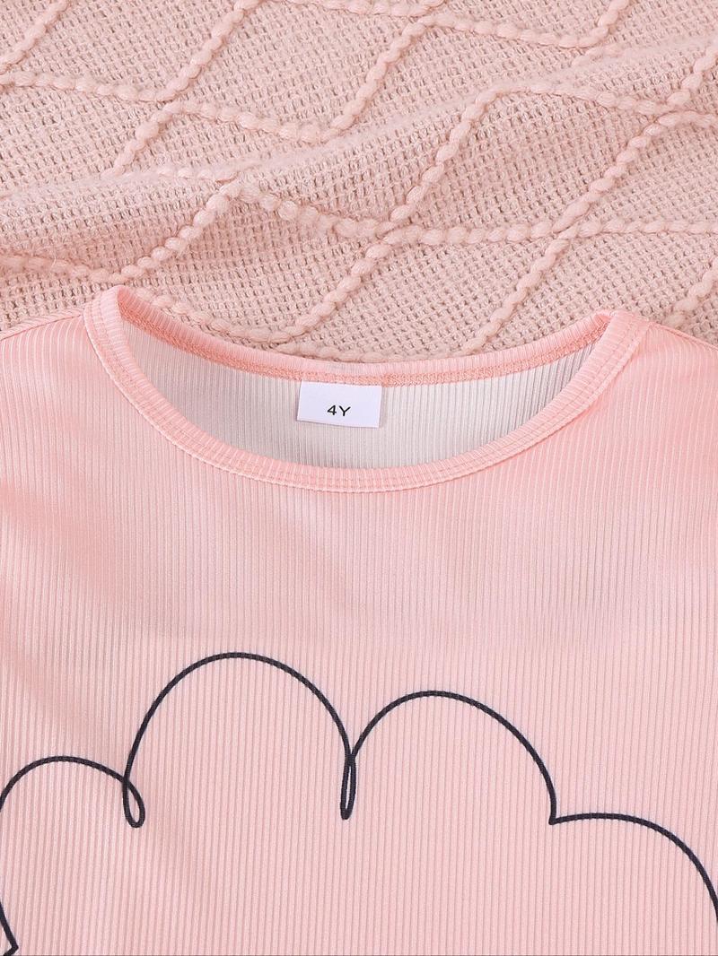 Product Introduction of Toddler Girl's Contrast Binding Lettuce Trim Tee & Pants Two-piece Set, Cute Casual Cartoon Cloud Print Long Sleeve Top & Heart Print Elastic Waist Trousers for Spring & Fall, Kids Clothes for Daily Wear 8