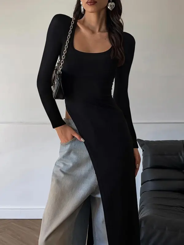 Women's Solid Asymmetrical Hem Scoop Neck Tee, Y2K Fashion Long Sleeve Longline Top for Party Club Holiday, Women Clothing for Fall & Winter 1