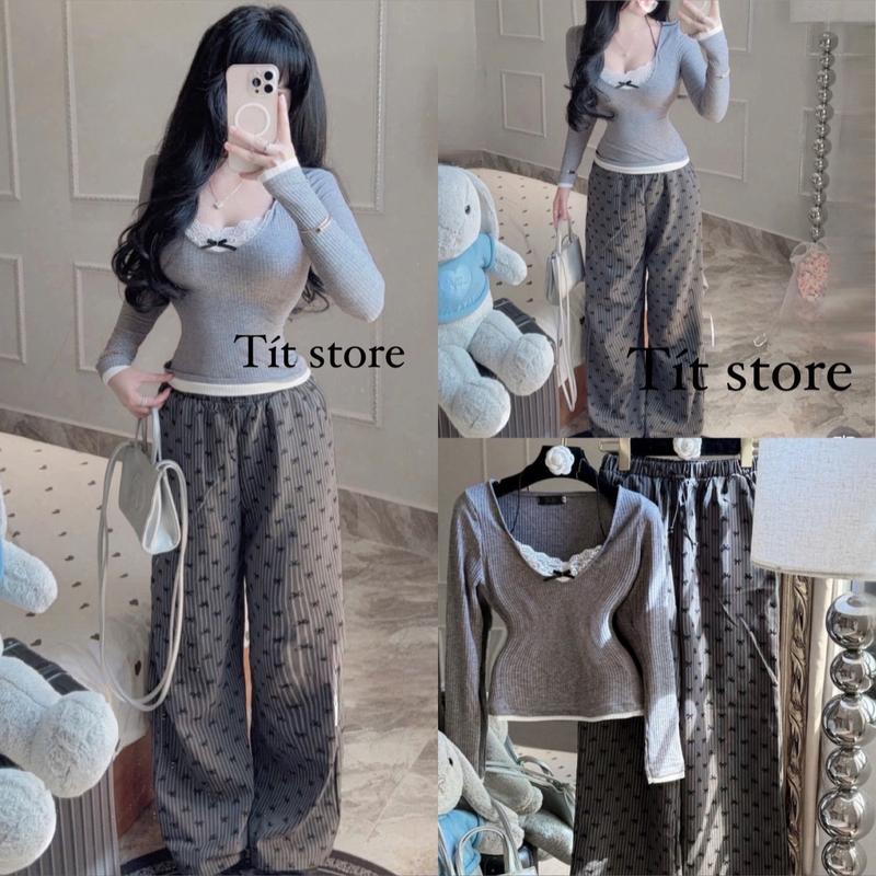 Set Áo Tay Dài Xám Phối Ren Trắng Viền Trắng Kèm Quần Suông In Nơ Mini - Nữ Women Top-X49 7