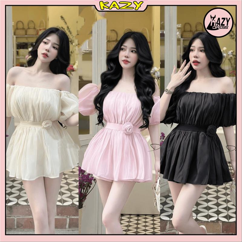 Set váy jum chất tơ trễ vai tay bồng phối hoa kèm quần bảo hộ xinh xắn cho các nàng S020 KAZYDRESS Nữ