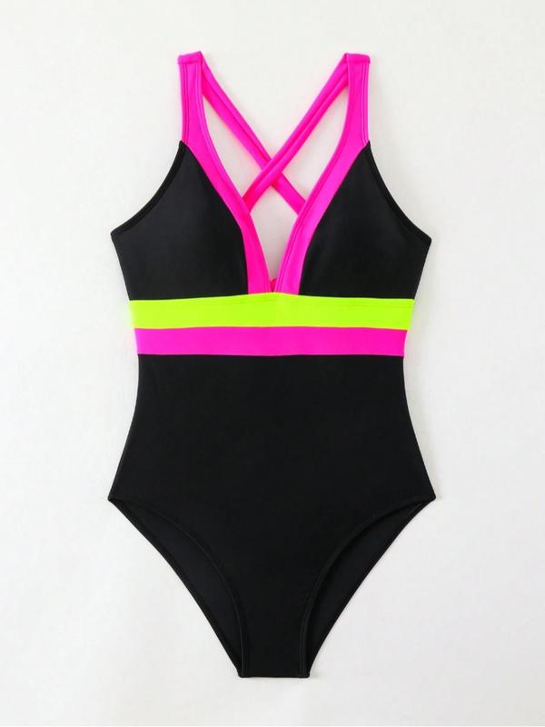 Women's Colorblock Patchwork One-piece Swimsuit, Casual Tight-fitting V Neck Sleeveless Swimwear for Beach Holiday Vacation, Ladies Swimsuit for All Seasons 5