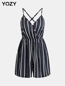 YOZY Striped Print V Neck Wrap Cami Romper/ Casual Fashion Adjustable Strap Sleeveless Ruched Romper, 2024 Women's Summer Outfits for Daily Wear