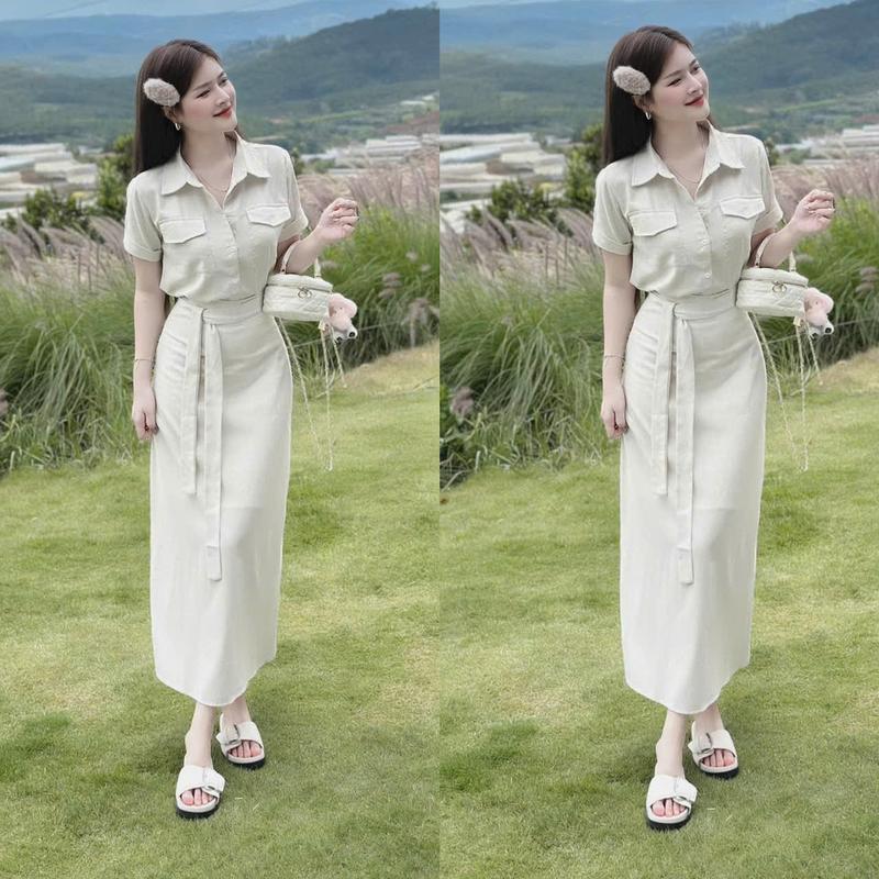 Set váy nữ cotton lạnh thiết kế áo cổ sơ mi cài nút thật ngắn tay mix chân váy dài cột dây eo xinh xắn tông đáng dành cho các nàng diện đi chơi,đi tiệc. Women top