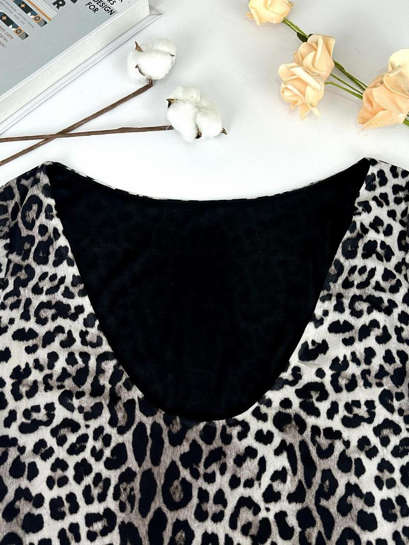 Product Introduction of Women's Leopard Print Backless Mesh Dress, Fashion Casual Boat Neck Flounce Sleeve Short Dress for Daily Outdoor Wear, Women Dress for Spring Fall, Valentine's Day Gift for Girl, Dresses for Women, Holiday Dresses 4