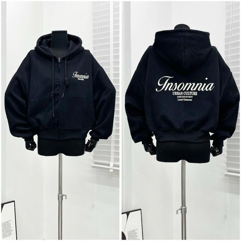 Áo Khoác Nỉ Form Lửng 2 Da QC In Insonia, áo khoác nữ form 40-65kg mặc đẹp Hoodie Zip Women Jacket Top Có 1 Túi Có Túi 7
