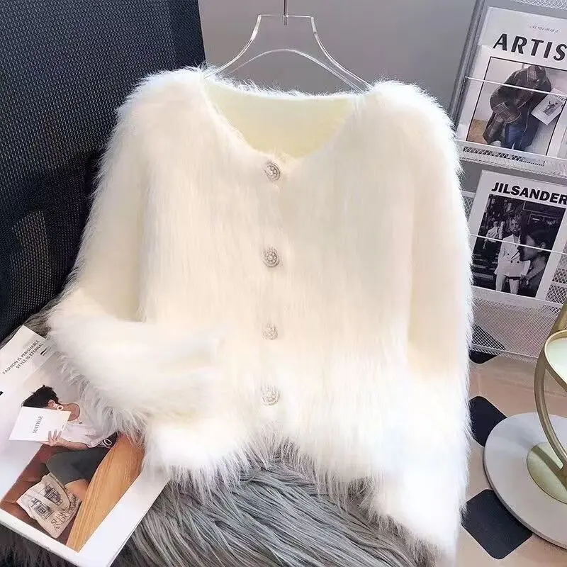 Áo Khoác Len Cardigan Dệt Kim, Len Như Lông Chồn, Dành Cho Nữ, Phong Cách Hàn Quốc Mùa Xuân, Hàng Mới Về 2024, Ngắn, Ngọt Ngào, Hàng Châu Âu, Mềm Mại Và Nếp Women Top