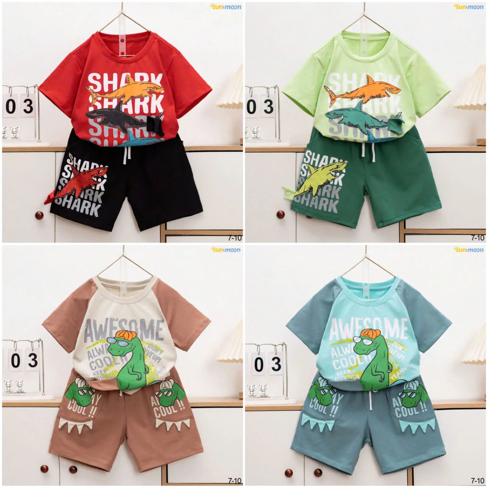 [7-28kg] Set bộ thun cotton in hình Cá Mập  và Khủng Long cho bé trai