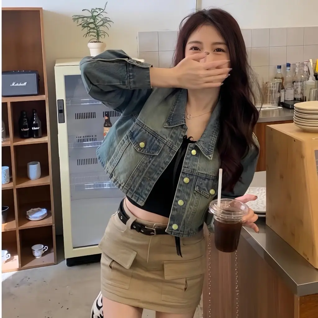 Áo jeans croptop tay dài, Áo khoác bò phong cách Hàn quốc