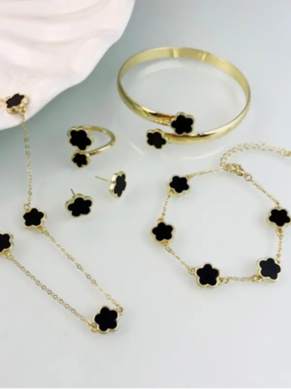 Lucky Flower Design Jewelry Set, Gifts for Her, Fashion Necklace & Ring & Bracelet & Earrings, Casual Elegant Jewelry Set for Women, Trendy All-match & Exquisite Jewelry Set for Gift, Christmas Gifts for Girlfriend, Maximalist Jewelry 3