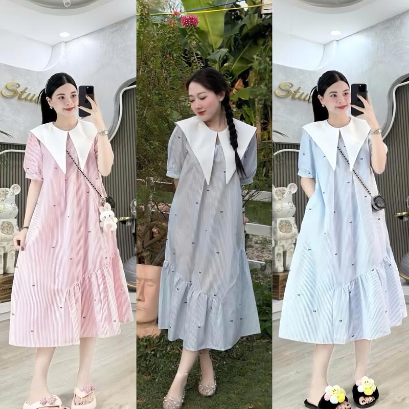 BIGSIZE HIẾU HIẾU (55-95KG) - Váy babydoll sọc in nơ dáng dài cổ bèo nhọn màu trắng bầu bì thoải mái D439