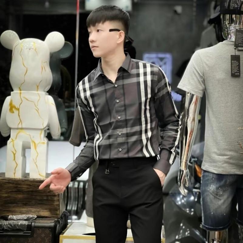 Áo sơ mi nam tay dài kẻ caro xám sọc trắng đen vải cotton mềm mịn thoáng mát cao cấp-AHMENS CN4 Menswear Shirt Có Cổ Cổ Tròn