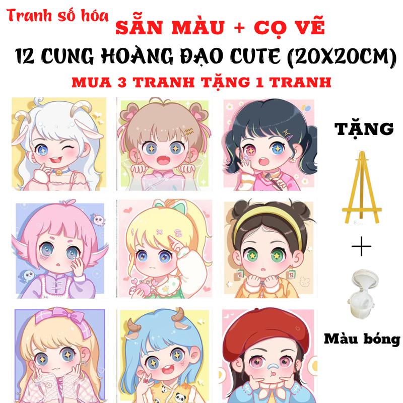 Tranh tô màu theo số 12 cung hoàng đạo cute size 20x20cm đã căng sẵn khung, Mua 1 tranh Tặng 1 kệ để tranh, 1 màu bóng, màu tô, cọ vẽ, móc treo tranh, mua 3 tranh tặng 1 tranh, tặng 4 kệ gỗ, 4 màu bóng
