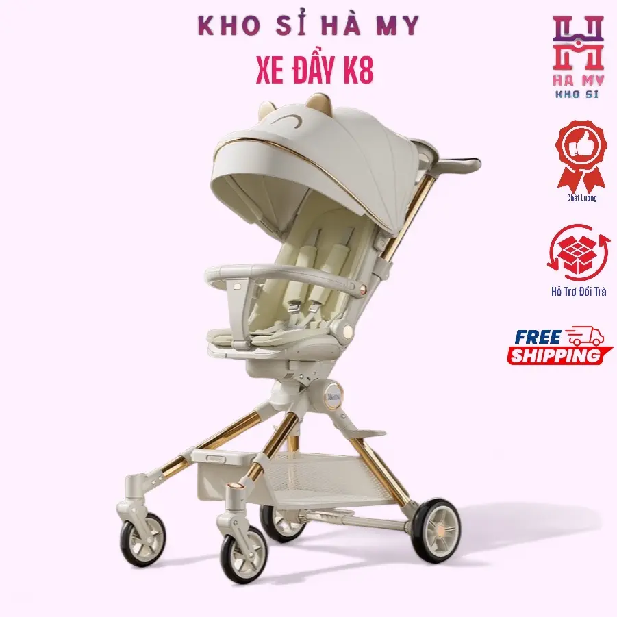 Xe đẩy cao cấp K8 cho bé từ 3 tháng, có bàn ăn dặm, tặng kèm khay để bình sữa, có lò xo giảm xóc Kem tomorrow sky xe xe  đẩy