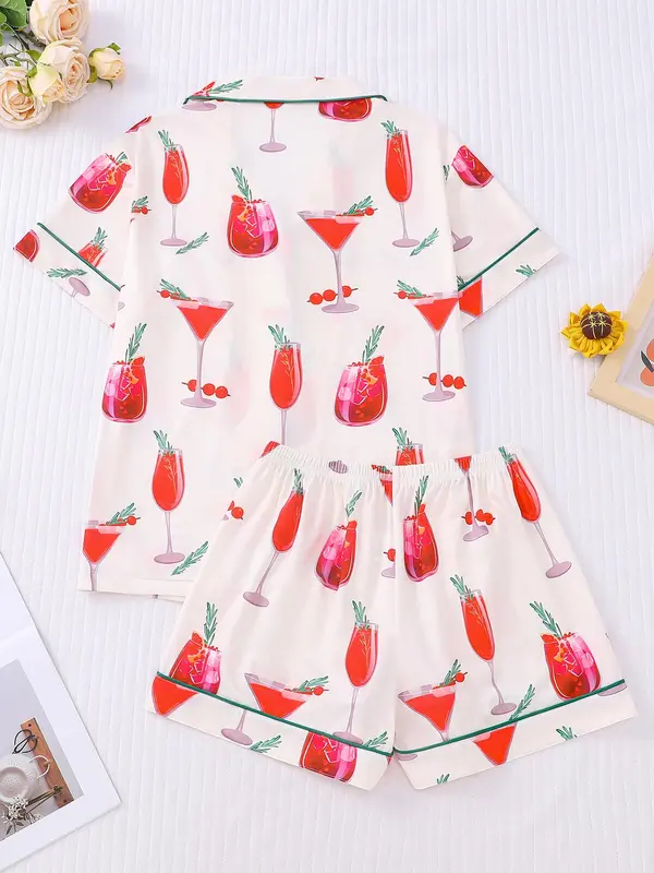 Women's All Over Print Pajama Two-piece Set, Casual Comfy Short Sleeve Top & Shorts PJ Set, Ladies Summer Sleepwear, Loungewear, Womenswear 7