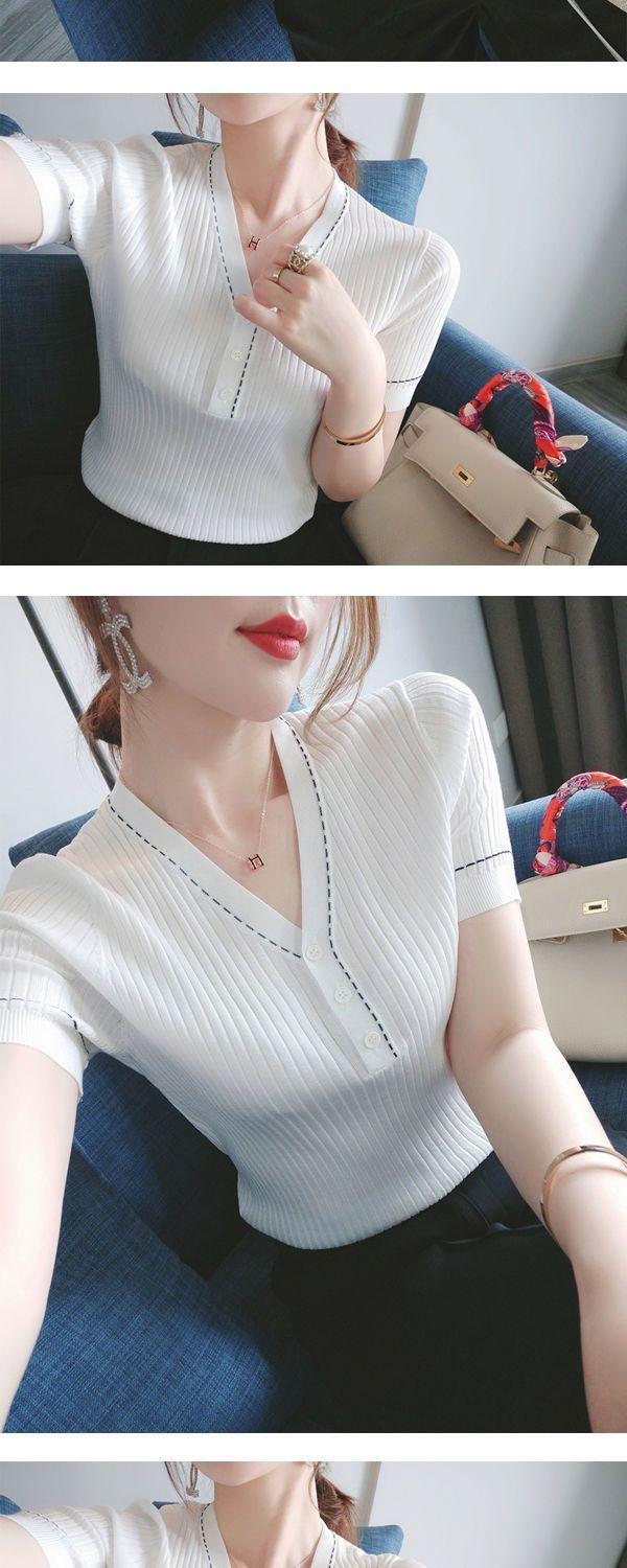 Product Introduction of Áo Thun ngắn Tay Cổ Chữ V Bằng Lụa Lạnh Dễ Phối Đồ Phong Cách Hàn Quốc Mới Mùa Hè, Dành Cho Nữ, Dáng Ôm, Bó Sát, Chắp Vá Nút, Áo Dệt Kim, Mỏng, Bó Sát 6