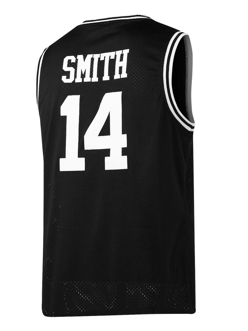 Product Introduction of Plus Size Men's Letter & Figure Patched Contrast Trim Round Neck Basketball Jersey, Loose Casual Comfortable Breathable Sleeveless Sports Top for Competition for All Seasons 2