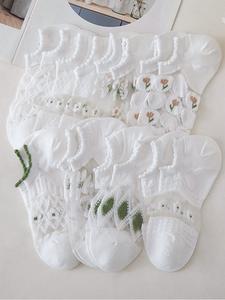 8 pares de calcetines tobilleros transparentes de malla contrastada con estampado floral para mujer, calcetines de corte bajo informales, cómodos y transpirables para el verano de 2024 para uso diario al aire libre, calcetines de mujer para el verano