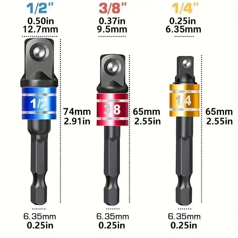 Drill Socket Adapter, 3 Counts Impact Grade Socket Adapter Set, CR-V Square Electric Sleeve Connecting Rod Adapter Set for Power Drill Torque Wrench, Power Tool Accessories 1