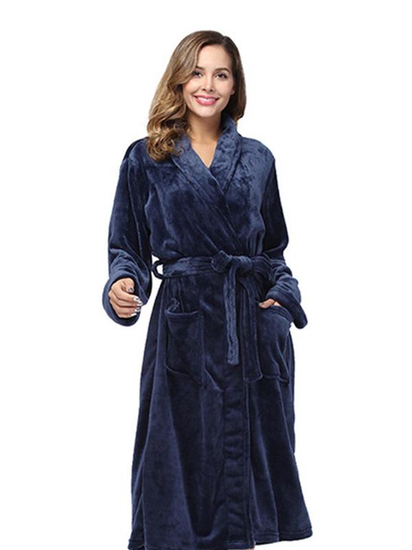 Women's Pocket Belted Shawl Collar Flannel Robe, Casual Long Sleeve Bathrobe Housecoat Dressing, Comfort PJ For Lady, Cold Weather Gear 3