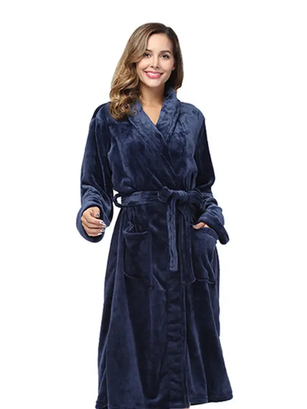Women's Pocket Belted Shawl Collar Flannel Robe, Casual Long Sleeve Bathrobe Housecoat Dressing, Comfort PJ For Lady, Cold Weather Gear 3