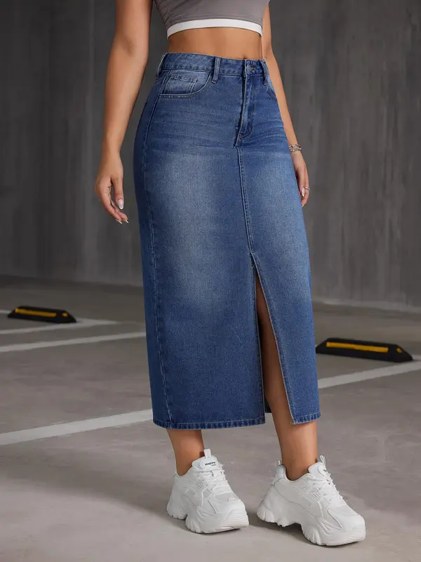 Women's Split Hem Bodycon Denim Skirt, Fashion Casual High Waist Midi Skirt for Daily Outdoor Wear, Ladies Bottoms for Summer 5