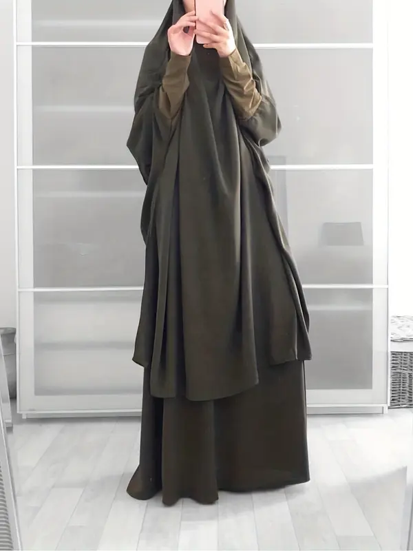 Women's Plain Knot Hooded Batwing Sleeve Abaya & Maxi Dress Set, Modest Two-piece Muslim Outfits for Daily Wear, Islamic Clothing for Spring & Fall 1