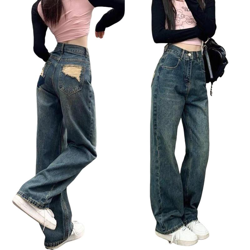Quần Jean Nữ Quần Suông Ống Rộng lưng cao lưng kiểu khoen nút rách túi cực bụi cá tính 4495 MoLi Pants Denim Women Ong Kem