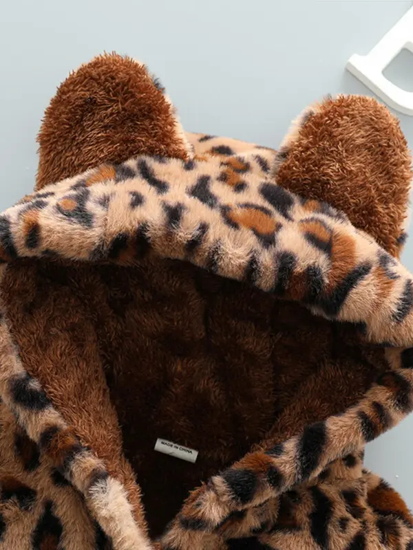 Toddler Girl's 3d Ear Decor Leopard Print Button Front Plush Hooded Winter Coat, Cute Long Sleeve Outerwear for Fall & Winter, Kids Clothes for Daily Wear 2