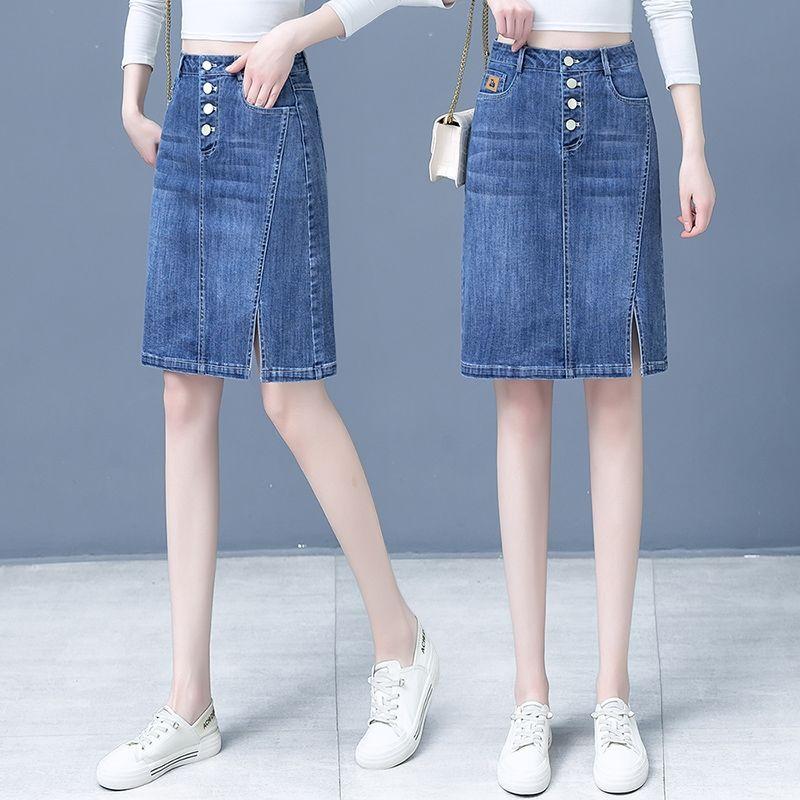 Chân Váy Denim, Dành Cho Nữ, Hàng Mới Về Xuân / Hè 2025, Cạp Cao, Xẻ Tà, Dài Trung Bình Ống Ôm Dáng Chữ A, Ngoại Cỡ, Chân Váy Bó Sát 9