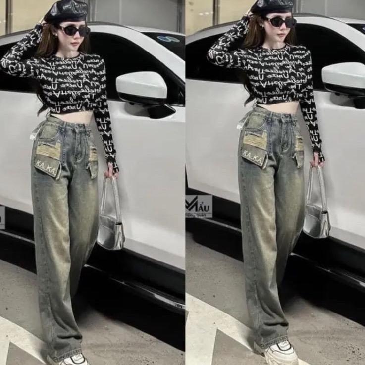 [ Thêu KAKA - Hàng Đẹp ] Quần jean Nữ lưng cao dáng suông túi hộp thêu chữ KAKA, bò suông cạp cao phối đồ dễ