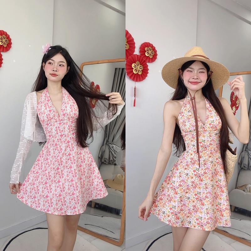 [Đ.02-N] Đầm Cổ Yếm Hoa Nhí Chất Kate Cotton (Có Mút Đệm - Bo chun lưng) | Tũm Clothing xoè mituu dress