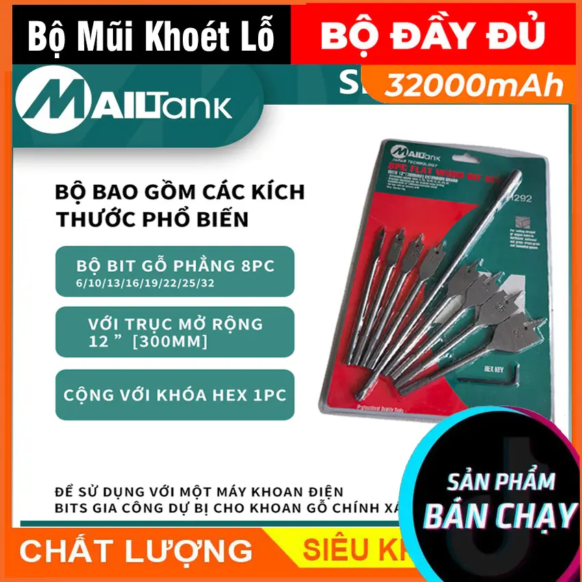 Bộ 8 Mũi Khoán Mailtank Sh292 Khoét Lỗ Đuôi Cá LOẠI THÉP NHẬT,Bộ Mũi Khoan Tường 3 Cạnh