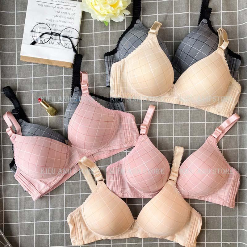 Set 3 Áo Lót Nữ Caro không gọng bản mỏng nâng ngực chất cotton thấm hút Áo chíp nữ áo con Áo Ngực