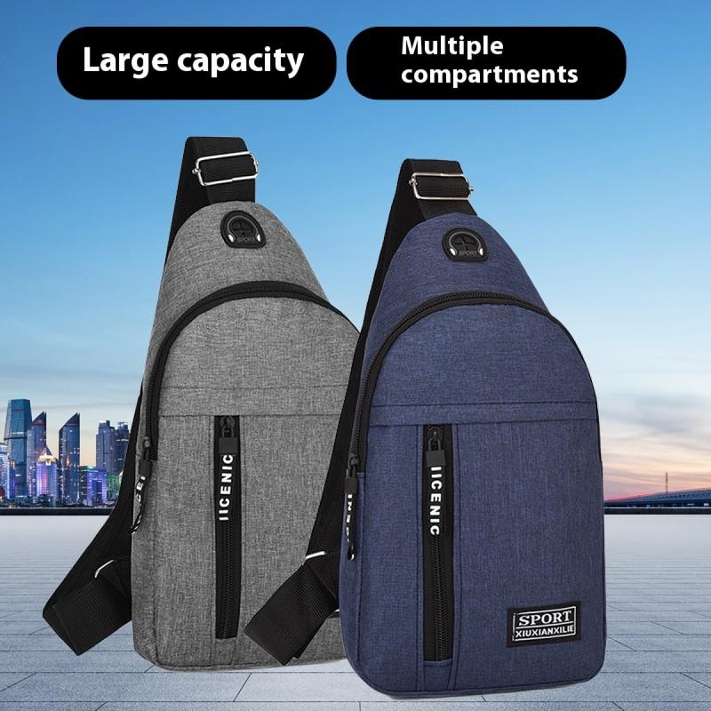 2025 new solid color chest bag men's trendy brand men's shoulder bag shoulder bag Oxford cloth casual bag small backpack 2