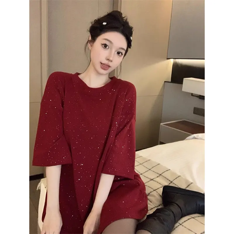 Áo Thun ngắn Tay Dài Trung Bình Phong Cách Mỹ Ngoại Cỡ Thiết Kế Sáng Bóng, Dành Cho Nữ, Dáng Rộng Vừa Vặn, Thích Hợp Cho Ngoại Cỡ 150kg, Áo Thường Ngày