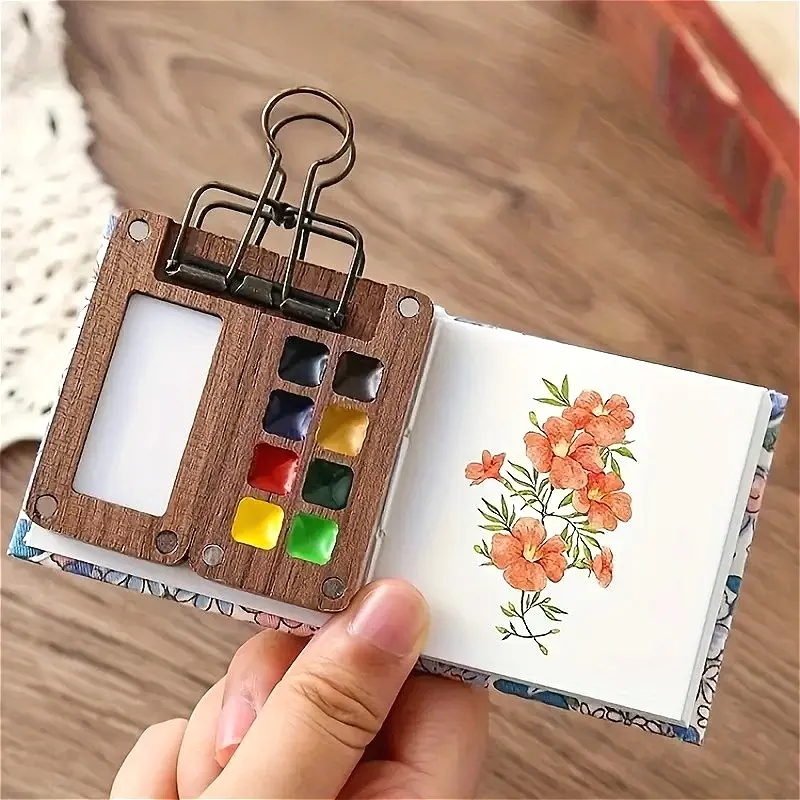 Mini Travel Watercolor Palette Set, 5 Counts/set Portable Wooden Watercolor Paint Box with Sketchbook & Color Pigments & Refillable Water Brush & Clip, Artist Bundle, Portable Art Supplies for Indoor & Outdoor 3