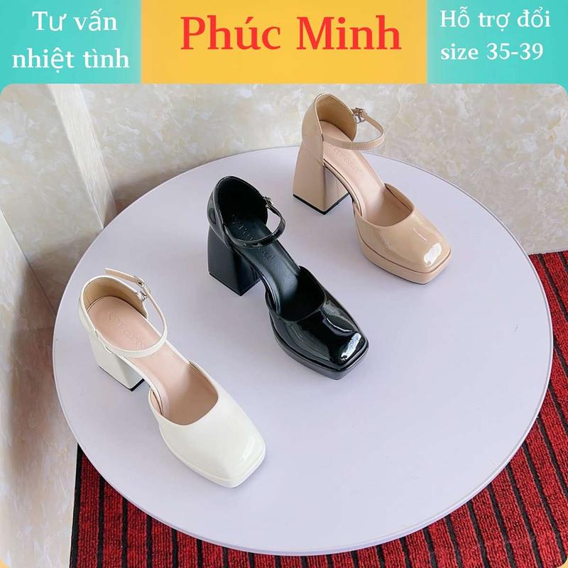  Phúc minh  TH21  Giày Nữ Bít Hậu Trơn Khoét Eo Da Bóng Gót Cao 10cm Mũi Vuông Đen Trắng Size 35-39 