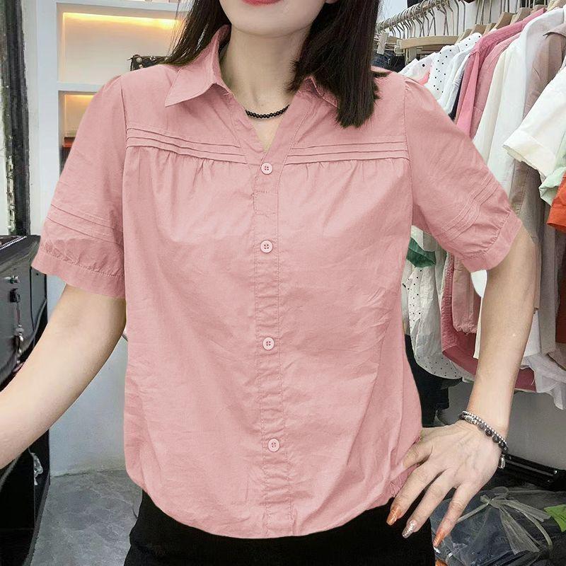 Áo Sơ Mi ngắn Tay Xếp Ly Phong Cách Trung Quốc Mới, Áo Sơ Mi Ngắn Eo, Hàng Mới Về Mùa Hè, Cổ Áo bẻ xuống Mỏng, Áo Bó Sát Dáng Rộng Rãi, Dành Cho Nữ 3