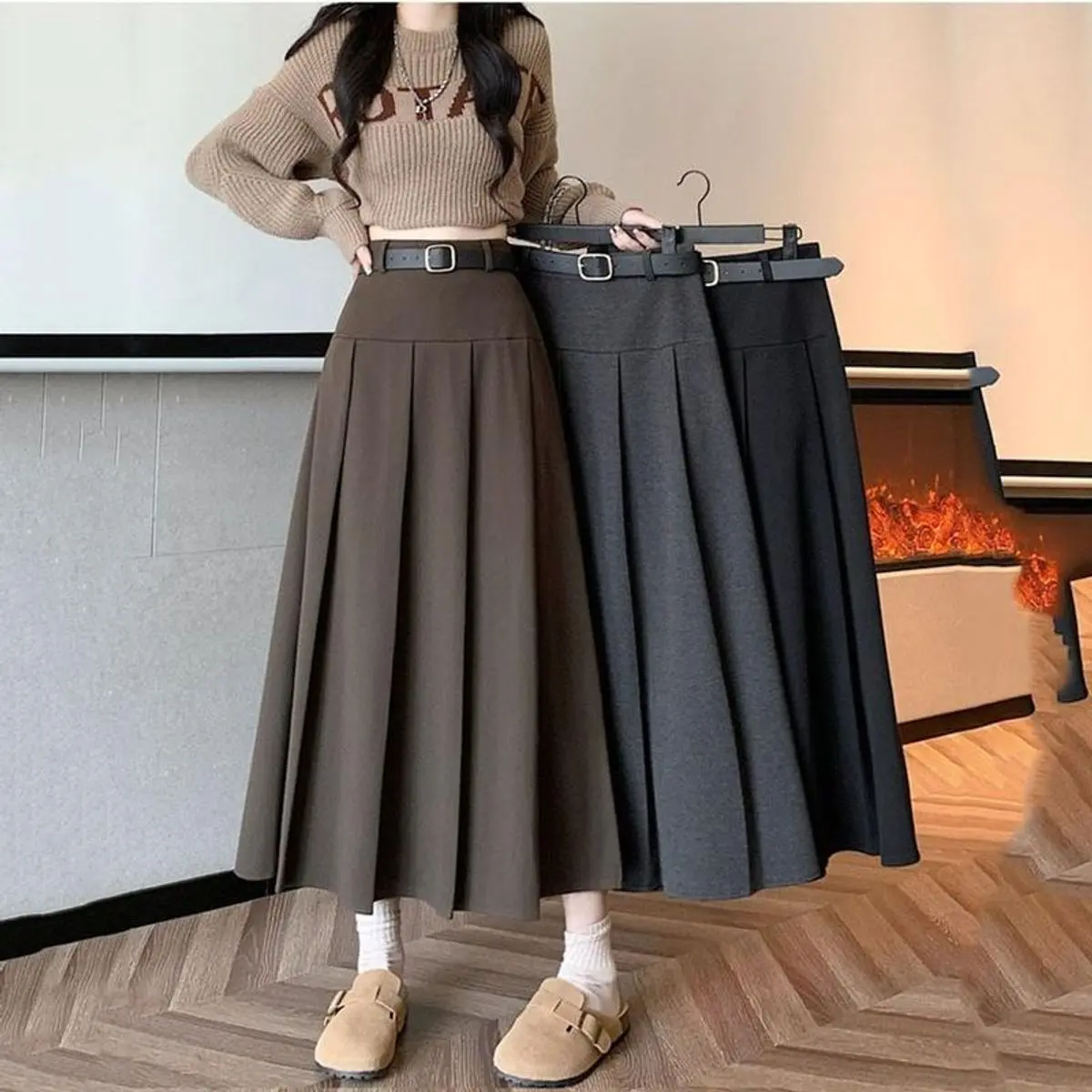 Chân Váy Dáng Dài Xếp Ly Hai Màu Đen Ghi Lên From Hàn Quốc M209-KL Nữ Women - Vải Vitex Tuyết Mưa Cao Cấp