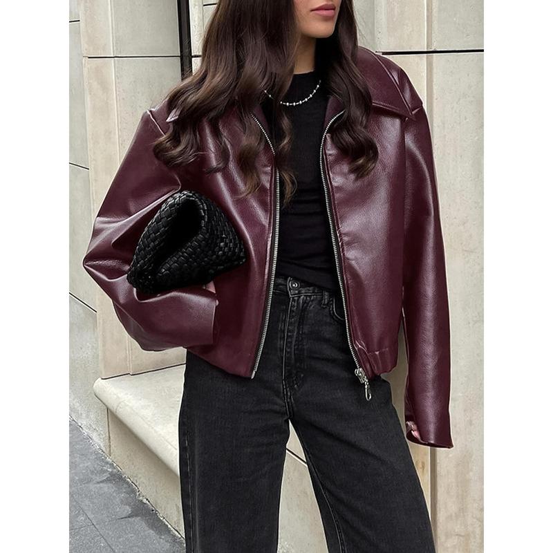 Getadme Faux PU Leather Rider Jacket For Women Vintage Long Sleeve Lapel Zipper Puffy Coats Autumn Fashion Female Street Outerwear