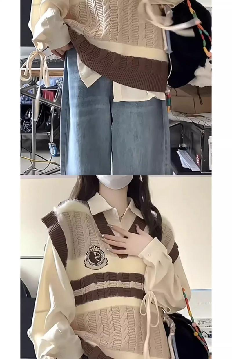 Product Introduction of Bộ Đồ Hai Mảnh Cho Nữ, Phong Cách Preppy Ngọt Ngào Nhật Bản, Màu Tương Phản, Áo Vest Dệt Kim Cổ Chữ V, Áo Sơ Mi Dài, Thích Hợp Cho Mùa Xuân Và Mùa Thu, Hàng Mới Về Women Nhung Jacket Top Pants Kem 12