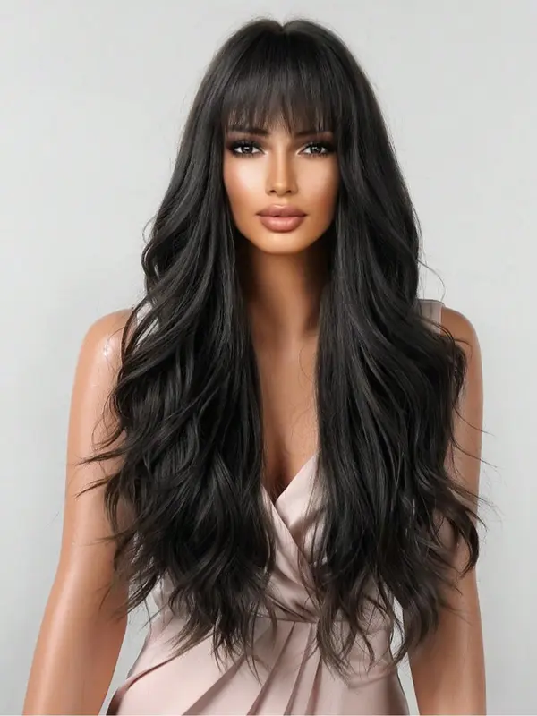 Long Wavy Wigs for Women, Gorgeous Fluffy Wigs with Bangs, Synthetic Wigs for Party, Daily Use 2