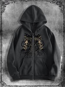 Sudadera con capucha y cierre para hombre con estampado de espinas y calaveras, corte regular, sudadera con capucha de manga larga estilo urbano casual para uso diario, ropa de hombre para otoño e invierno, tops