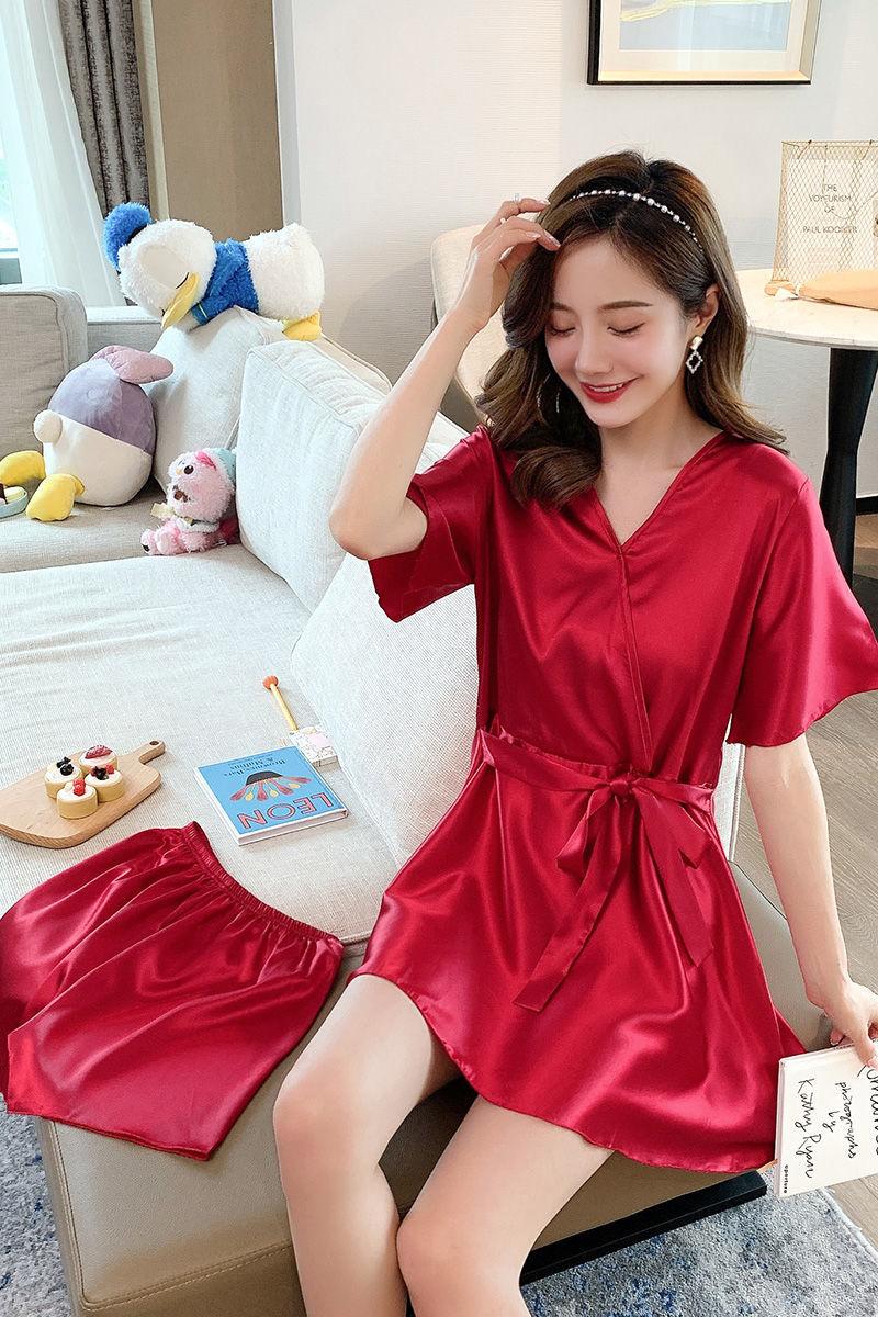 Product Introduction of Pajama women's summer short sleeved two-piece set, ice silk sweet Japanese style can be worn outside, spring and autumn home clothes, summer imitation silk Nightwear Womenswear Lingerie Loungewear Homewear Pjs Basic Minimalist 27