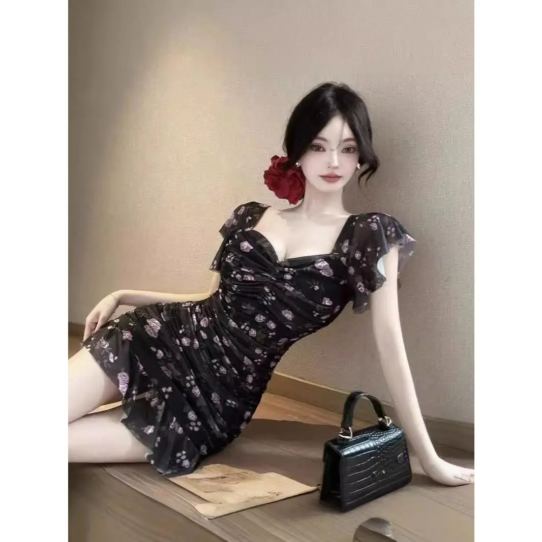 Váy Hộp Đêm Cho Nữ, In Hình, Cắt Thấp, Eo-Cinching, Tay Áo Rung Lửng Chất Liệu Lưới Chắp Vá, Thiết Kế Xếp Nếp Và Xếp Ly, Gợi Cảm Và Bó Sát, Váy Bodycon