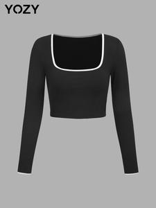 YOZY Women's Contrast Binding Square Neck Crop Tee, Casual Long Sleeve Skinny T-shirt for Daily Wear, Ladies Clothes for All Seasons
