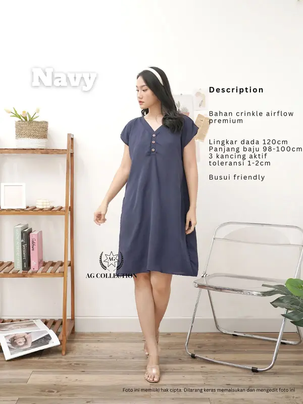 AGcollections | Dress Daster Pendek Belvana Kancing Busui Friendly Bahan Crinkle Airflow Premium Baju Tidur Dingin Wanita 7